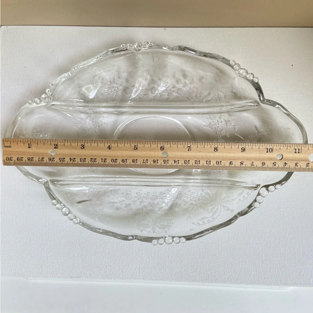 Heisey Glass etched orchids vintage clear divided three part serving tray dish